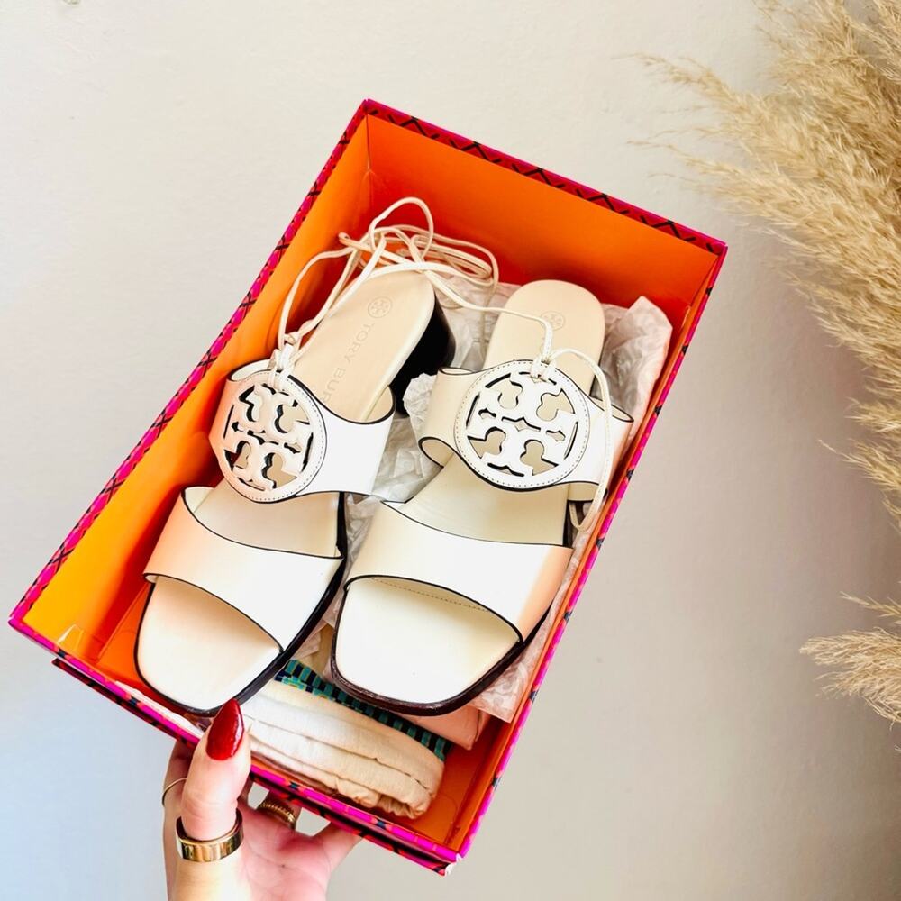 TORY BURCH White Lace Up Miller Leather Block Heel $425 Sandals Shoes Slides 7 - Picture 14 of 16